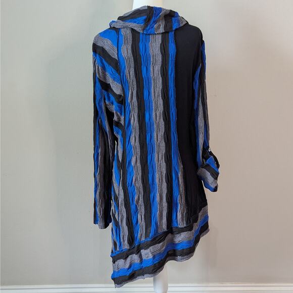 Ali Miles Blue Gray Striped Tunic Size Large Asymmetrical Cowl Neck Pocket - Picture 6 of 11